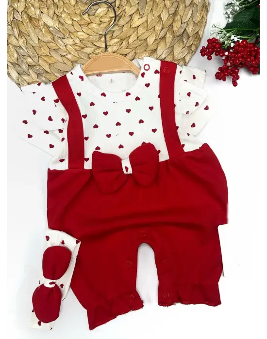 Omarı Sevimli Kalp Desenli Bandanalı Kız Bebek Takımı