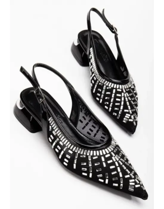 Piyar Siyah Taşlı Topuklu Ayakkabı