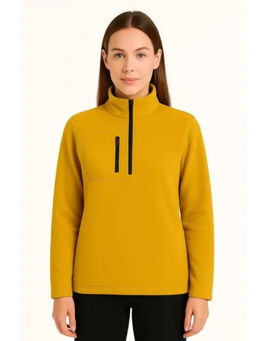 Polar Kazak – Dik Yaka, Yarım Fermuarlı, Fermuarlı Göğüs Cepli, Siyah Biyeli, Kışlık Rahat Regular Fit Günlük Model - Sarı