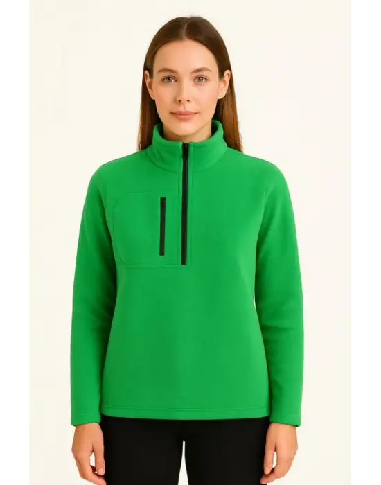 Polar Kazak – Dik Yaka, Yarım Fermuarlı, Fermuarlı Göğüs Cepli, Siyah Biyeli, Kışlık Rahat Regular Fit Günlük Model - Yeşil