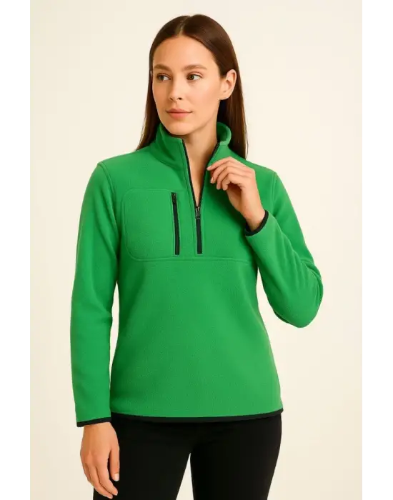 Polar Kazak – Dik Yaka, Yarım Fermuarlı, Fermuarlı Göğüs Cepli, Siyah Biyeli, Kışlık Rahat Regular Fit Günlük Model - Yeşil