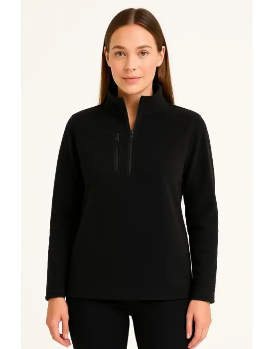 Polar Kazak – Dik Yaka, Yarım Fermuarlı, Fermuarlı Göğüs Cepli, Siyah Biyeli, Kışlık Rahat Regular Fit Günlük Model - Siyah