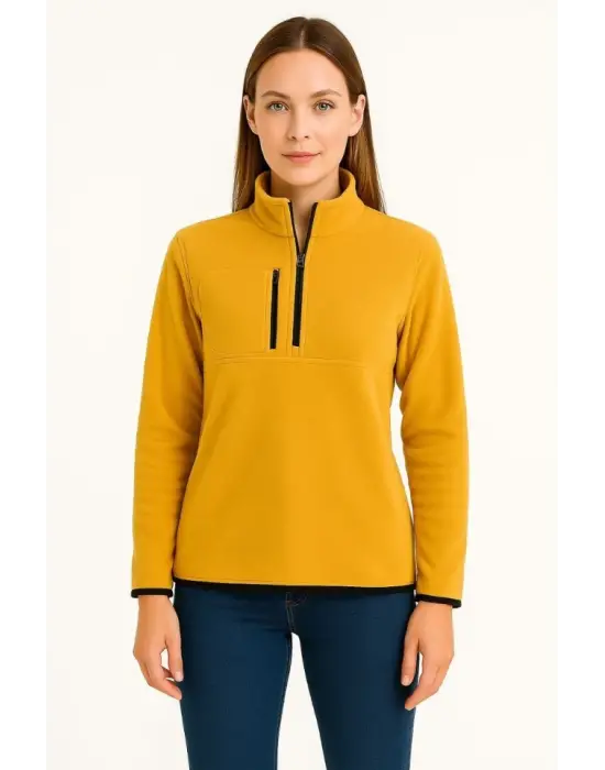 Polar Kazak – Dik Yaka, Yarım Fermuarlı, Fermuarlı Göğüs Cepli, Siyah Biyeli, Kışlık Rahat Regular Fit Günlük Model - Sarı