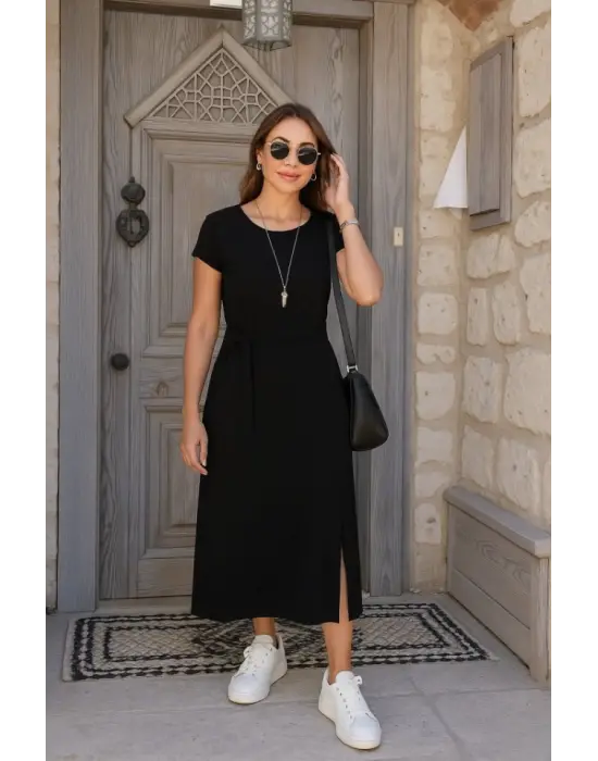 Omarı Aerobin Elbise - Yırtmaçlı, Belden Bağcıklı Kadın Elbisesi