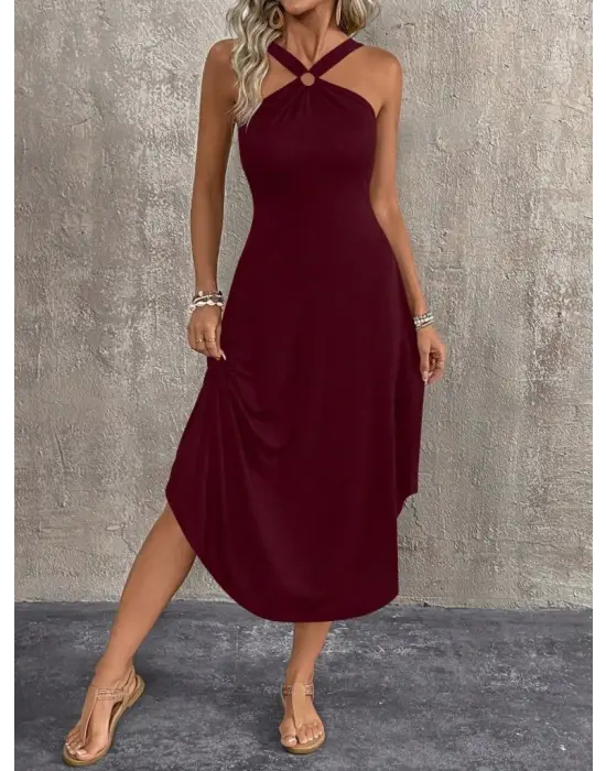 Omarı Asimetrik Kesim Halka Detaylı Elbise