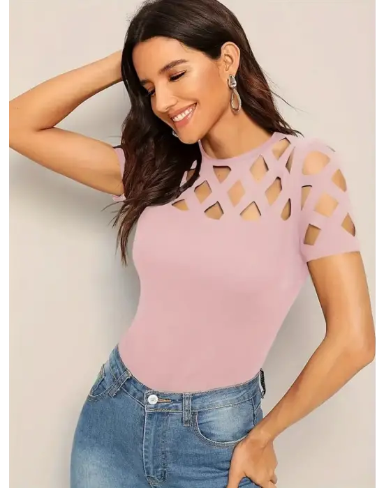 Omarı Baklava Desenli Kısa Kollu Kadın Bluzu