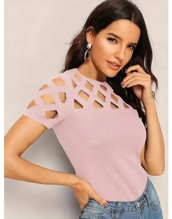 Omarı Baklava Desenli Kısa Kollu Kadın Bluzu