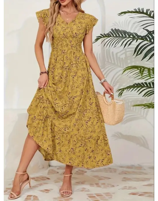 Omarı Çiçek Desenli Kısa Kollu Elbise