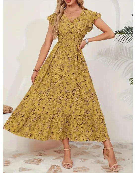 Omarı Çiçek Desenli Kısa Kollu Elbise