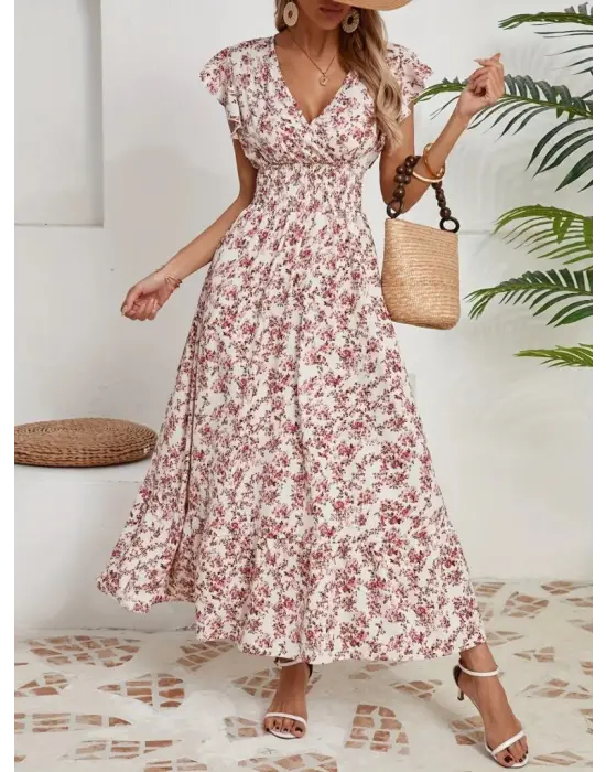 Omarı Çiçek Desenli Kruvaze Yaka Elbise