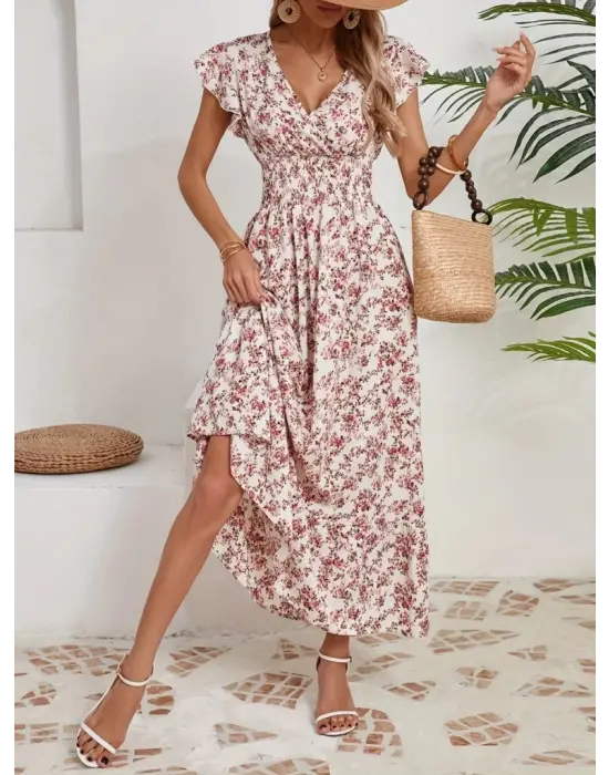 Omarı Çiçek Desenli Kruvaze Yaka Elbise