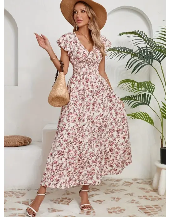 Omarı Çiçek Desenli Kruvaze Yaka Elbise