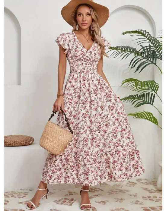 Omarı Çiçek Desenli Kruvaze Yaka Elbise