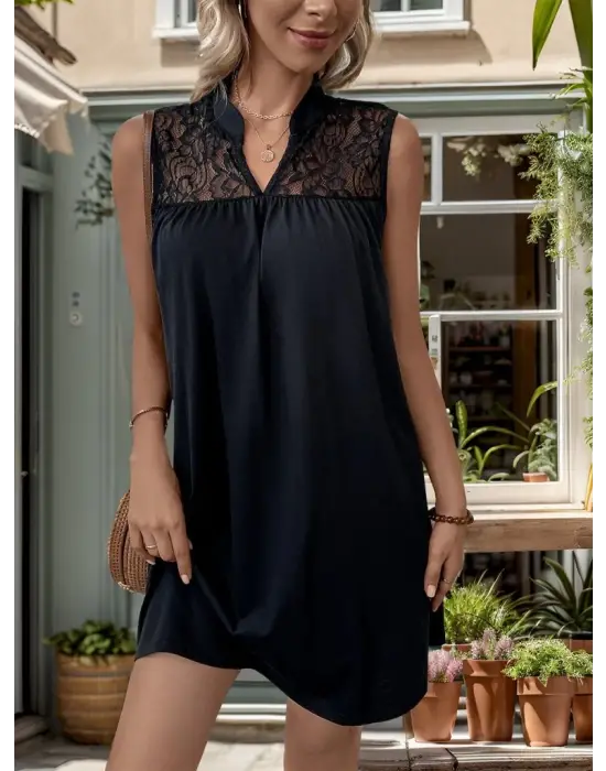 Omarı Dantelli V Yakalı Mini Elbise