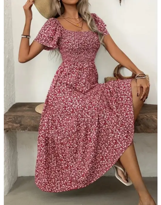 Omarı Desenli Kadın Midi Süprem Elbise