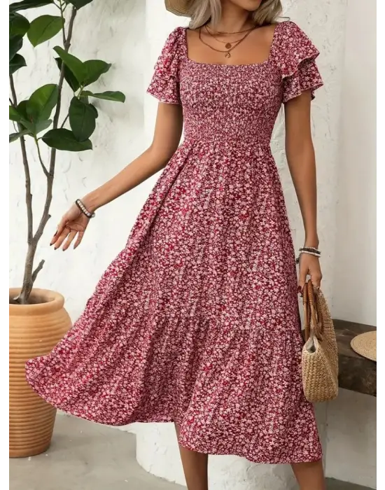 Omarı Desenli Kadın Midi Süprem Elbise