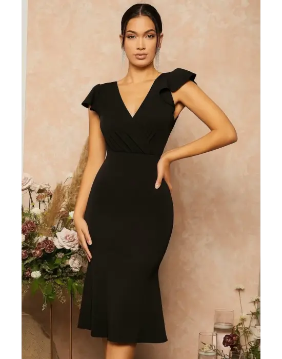 Omarı Elegan Kruvaze Yaka Midi Elbise