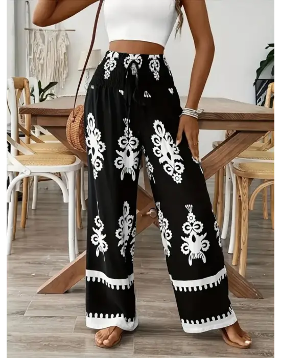 Omarı Etnik Desen Baskılı Yüksek Bel Pantolon