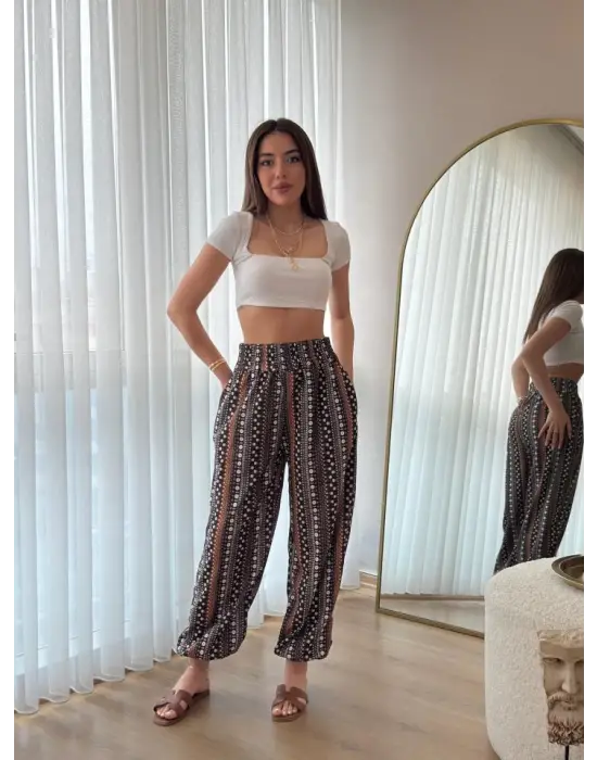 Omarı Etnik Desenli Geniş Dökümlü Pantolon Modelleri