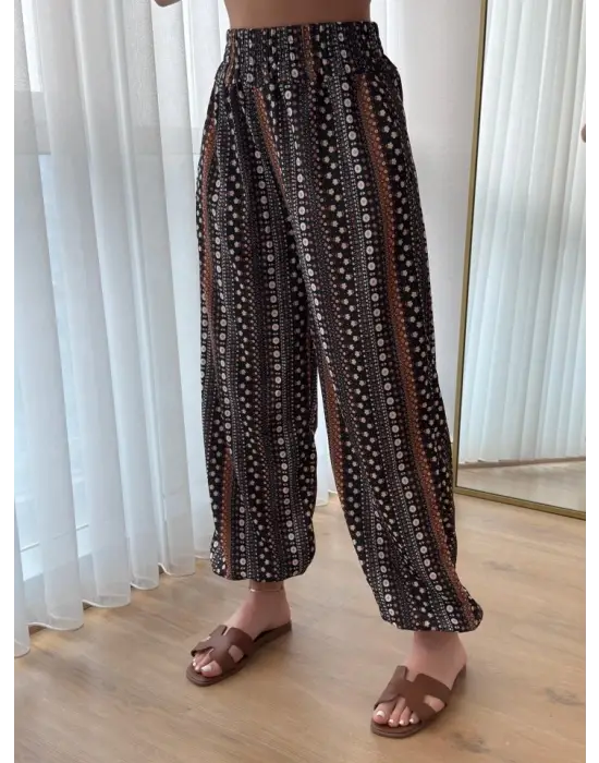 Omarı Etnik Desenli Geniş Dökümlü Pantolon Modelleri