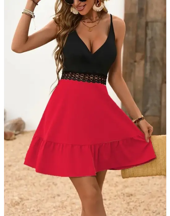 Omarı IP Askılı Bel Dantelli Kruvaze Yaka Elbise