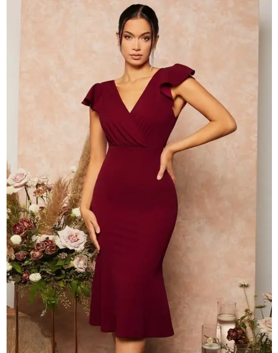 Omarı Kısa Kelebek Kollu Kruvaze Yaka Midi Elbise