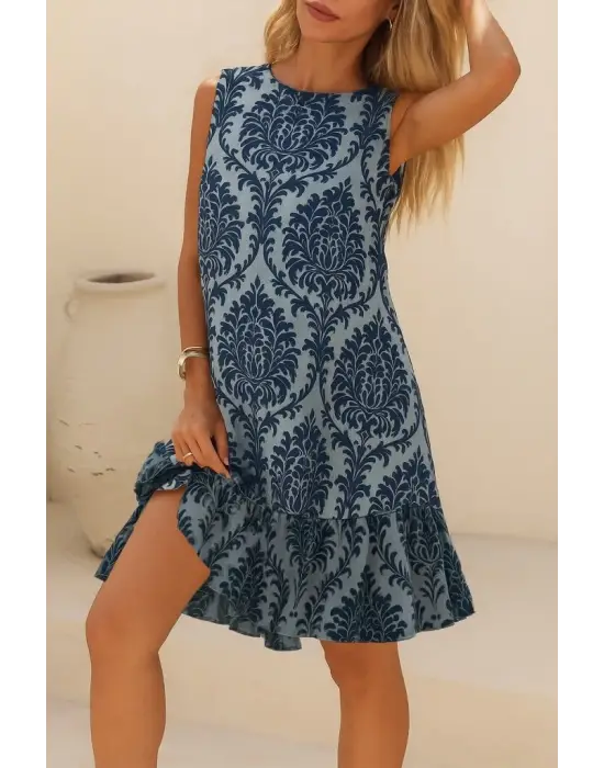 Omarı Leopar Desenli Sırt Bağlamalı Fırfırlı Elbise