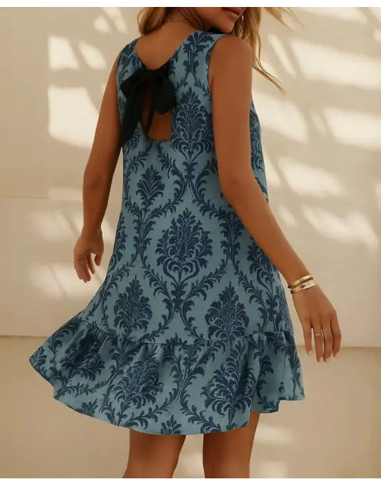 Omarı Leopar Desenli Sırt Bağlamalı Fırfırlı Elbise