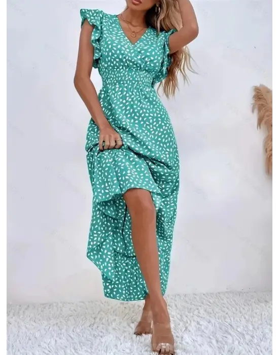 Omarı Şık Kadın Kısa Kollu Çiçek Desenli Elbise