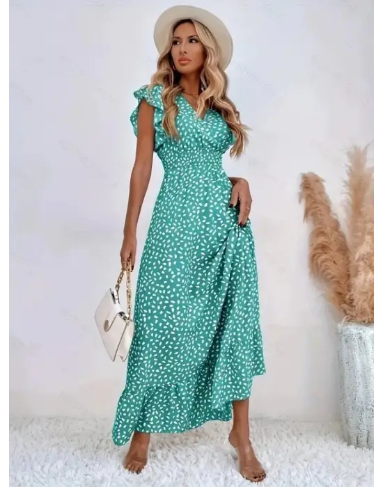 Omarı Şık Kadın Kısa Kollu Çiçek Desenli Elbise