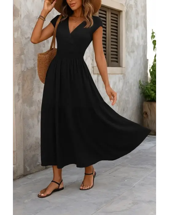 Omarı Süprem Maksi Boy Kruvaze Yaka Elbise