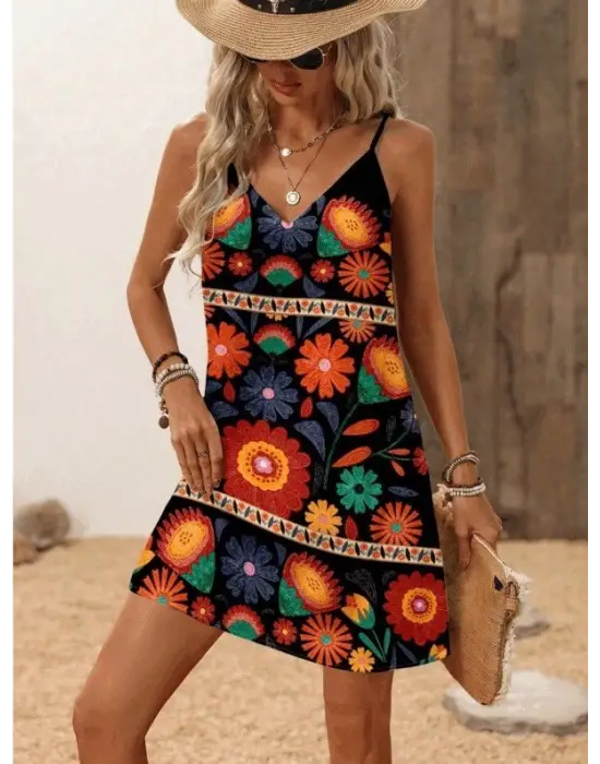 Omarı V Yakalı Kadın İp Askılı Elbise