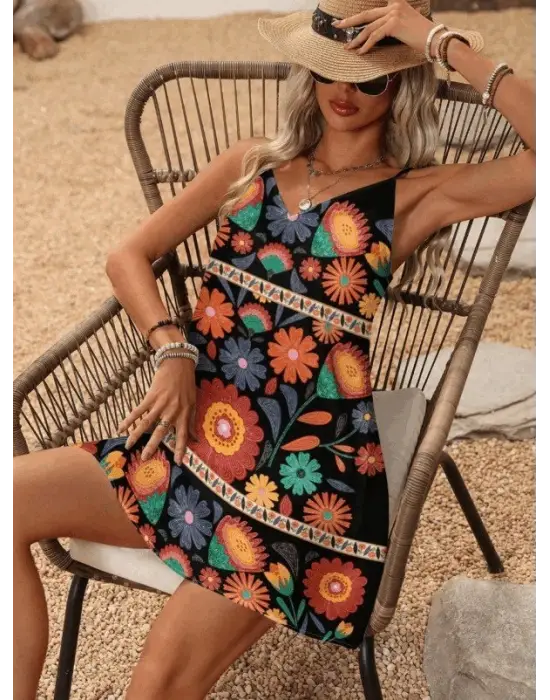 Omarı V Yakalı Kadın İp Askılı Elbise