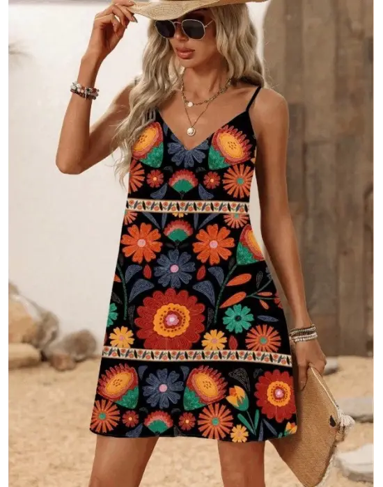 Omarı V Yakalı Kadın İp Askılı Elbise