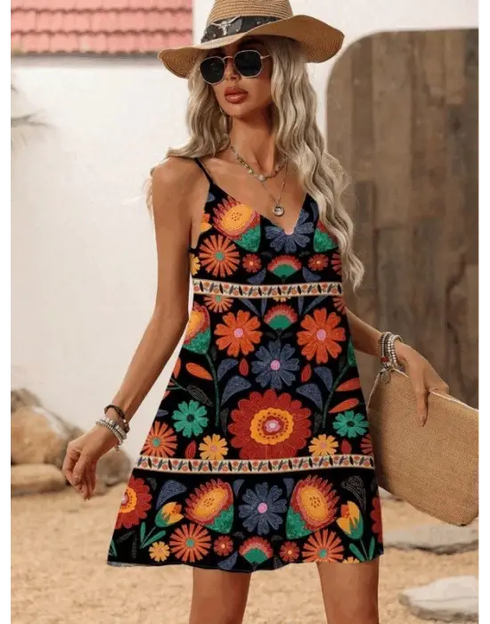 Omarı V Yakalı Kadın İp Askılı Elbise