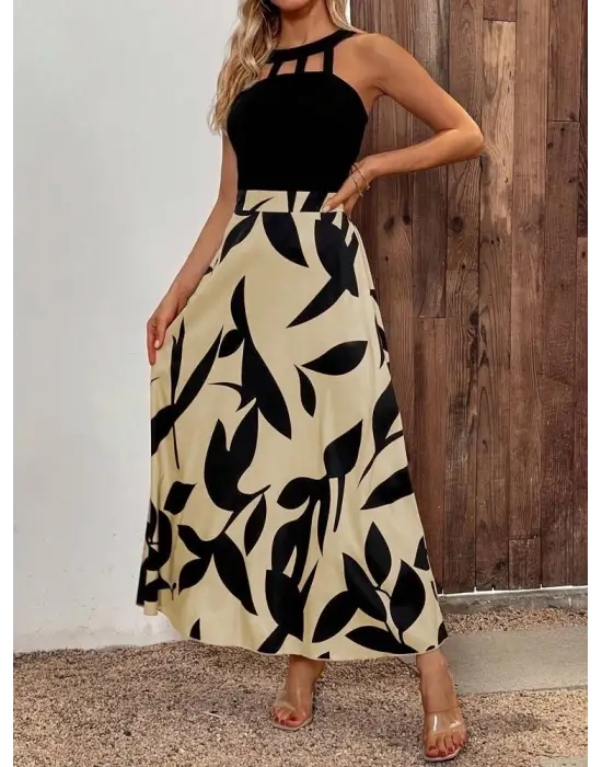 Omarı Yakadan Şerit Detaylı Maxi Elbise