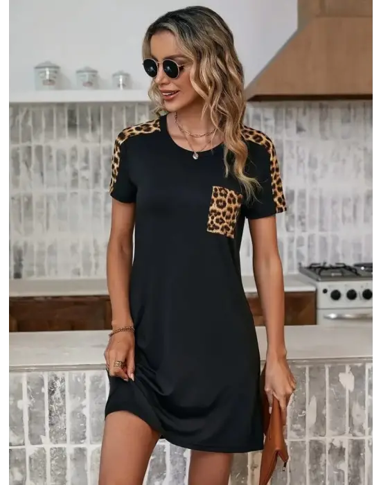 Omarı Yeni Sezon Leopar Desenli Viskon Elbise