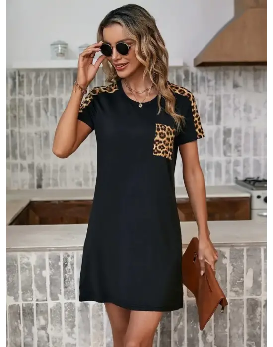 Omarı Yeni Sezon Leopar Desenli Viskon Elbise