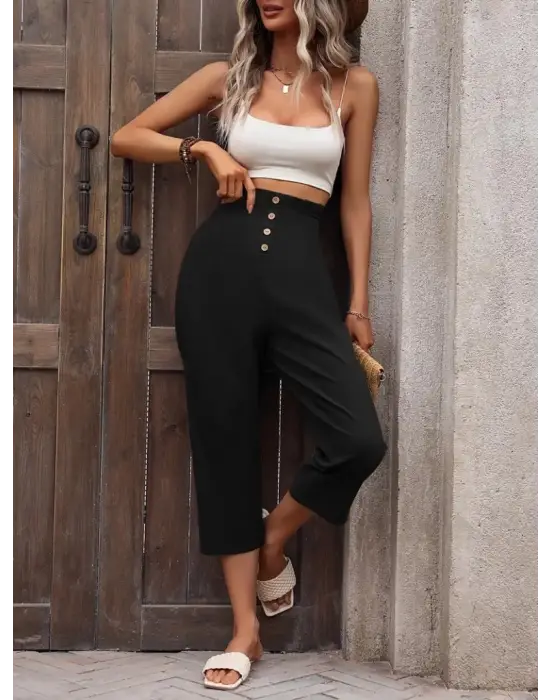 Omarı Yüksek Bel Düğmeli Keten Pantolon - Şık ve Rahat Stil!