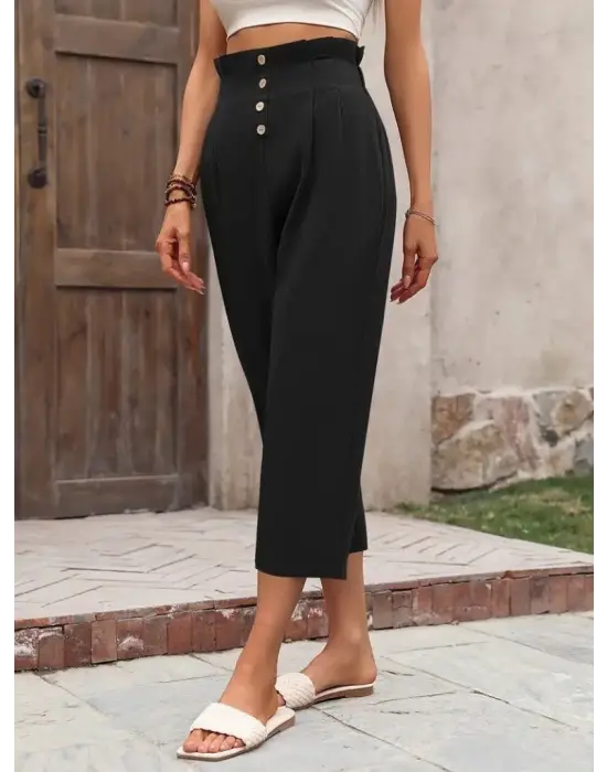 Omarı Yüksek Bel Düğmeli Keten Pantolon - Şık ve Rahat Stil!