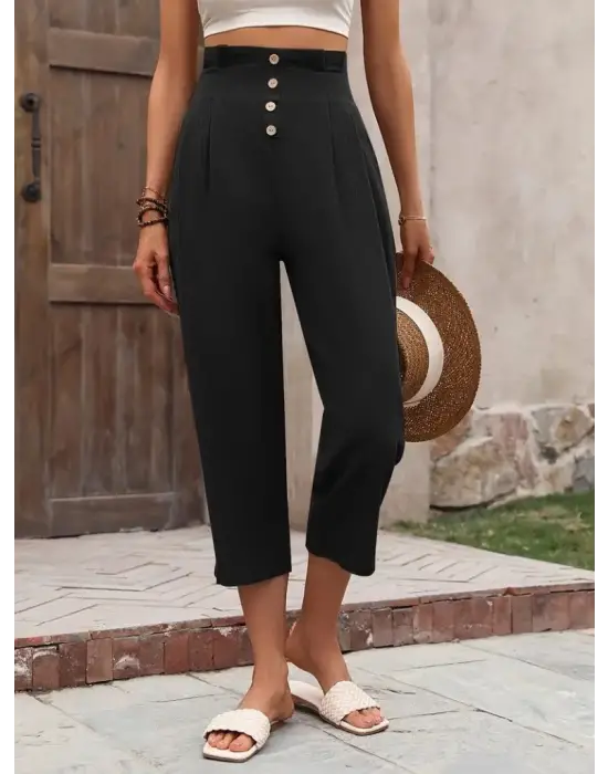 Omarı Yüksek Bel Düğmeli Keten Pantolon - Şık ve Rahat Stil!