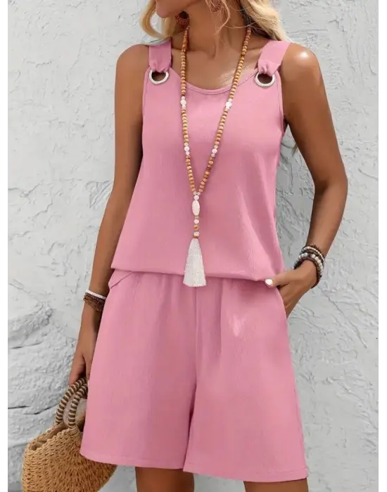 Omarı Yuvarlak Yaka Bürümcük Bluz ve Short Takım