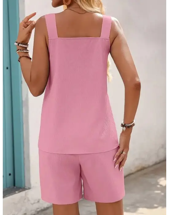 Omarı Yuvarlak Yaka Bürümcük Bluz ve Short Takım