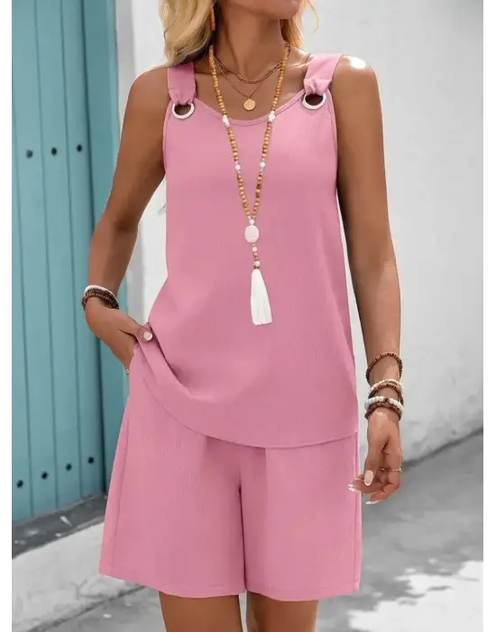 Omarı Yuvarlak Yaka Bürümcük Bluz ve Short Takım