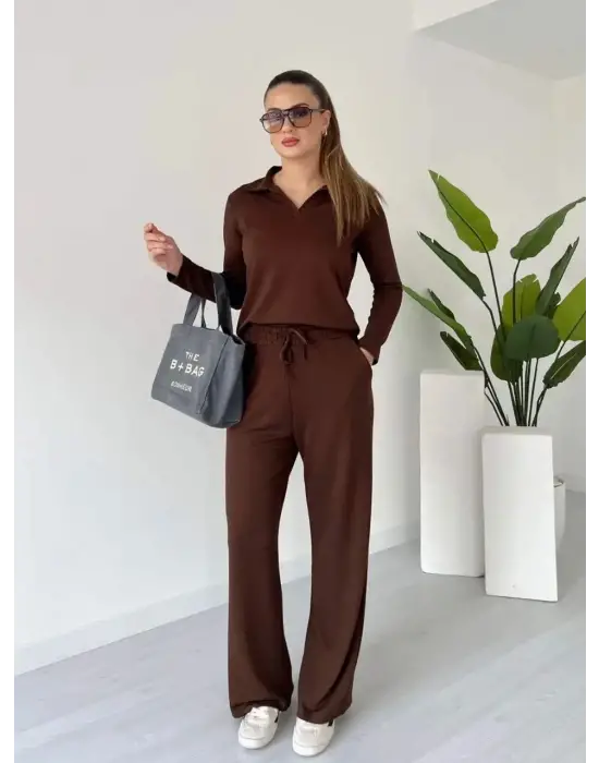 Polo yaka alt üst kollu modal takım kahve pt