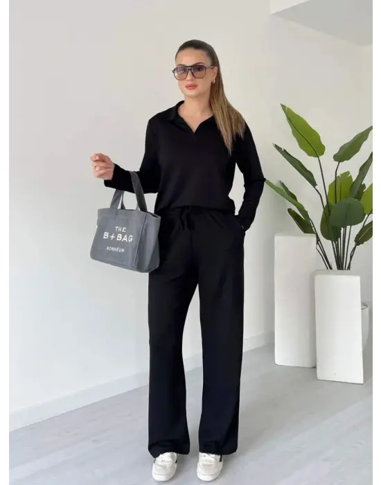 Polo yaka alt üst kollu modal takım siyah pt