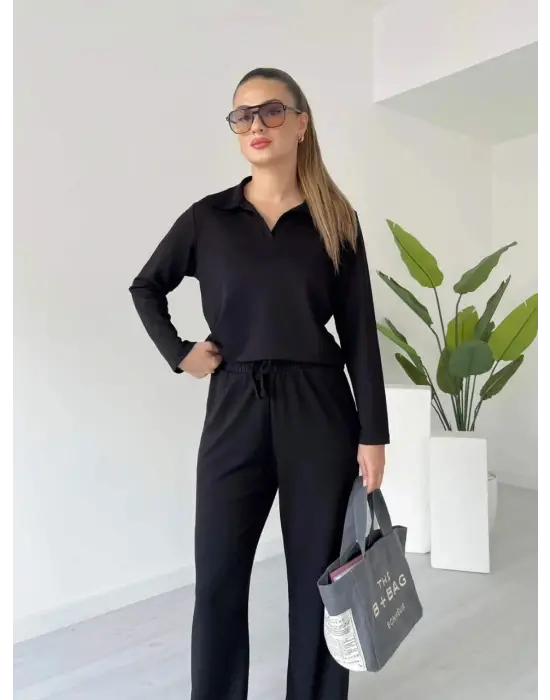 Polo yaka alt üst kollu modal takım siyah pt