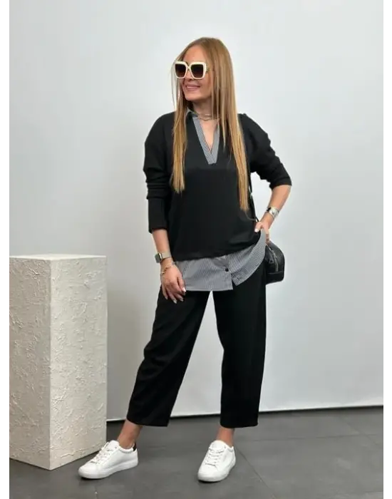 Polo Yaka Gömlek Detay Salaş Balon Pantolunlu ıkılı Takım