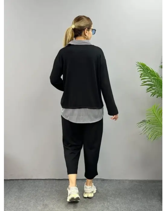 Polo Yaka Gömlek Detay Salaş Balon Pantolunlu ıkılı Takım