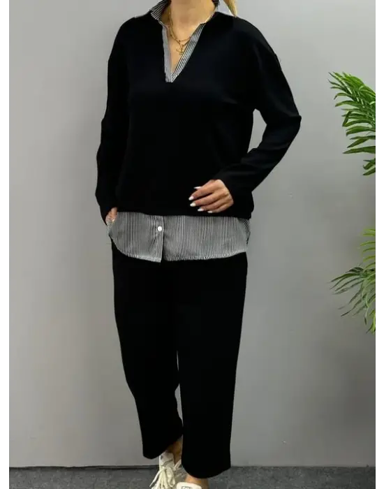 Polo Yaka Gömlek Detay Salaş Balon Pantolunlu ıkılı Takım